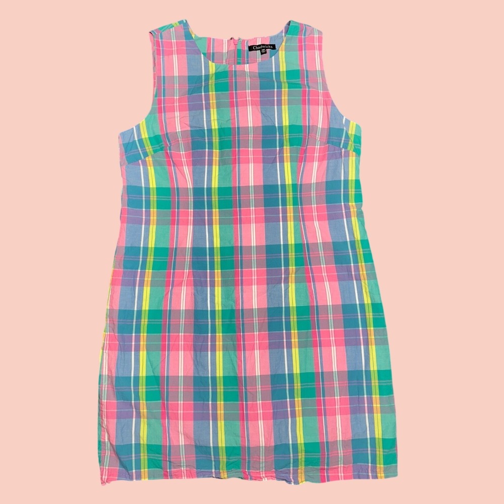 Vintage plaid mini dress 14 sheath gingham rainbow colorful retro twee cotton